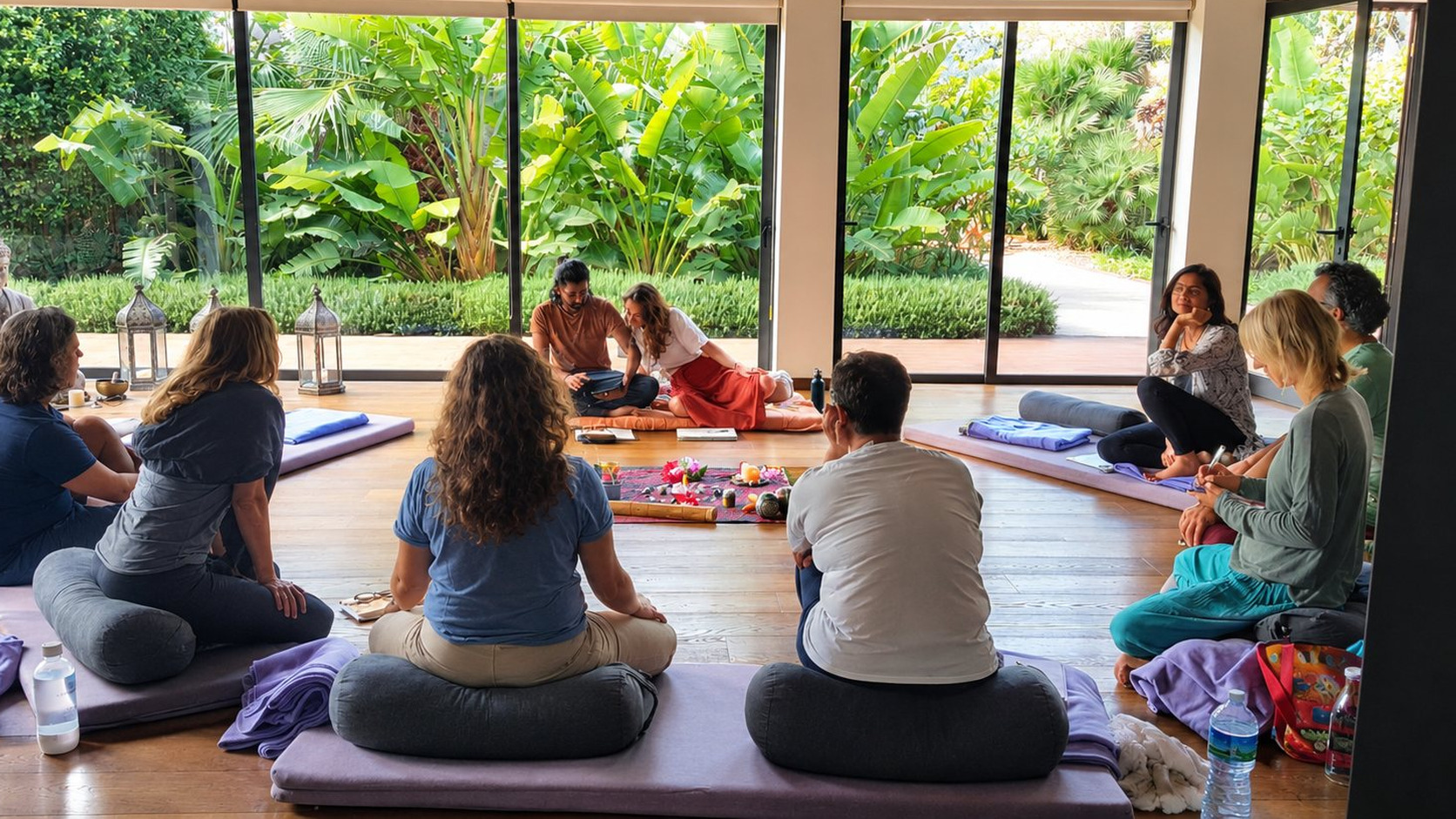 Un groupe est assis en cercle sur des coussins et des tapis dans une pièce lumineuse ouverte sur un jardin, avec deux facilitateur·rice·s assis·es ensemble au centre