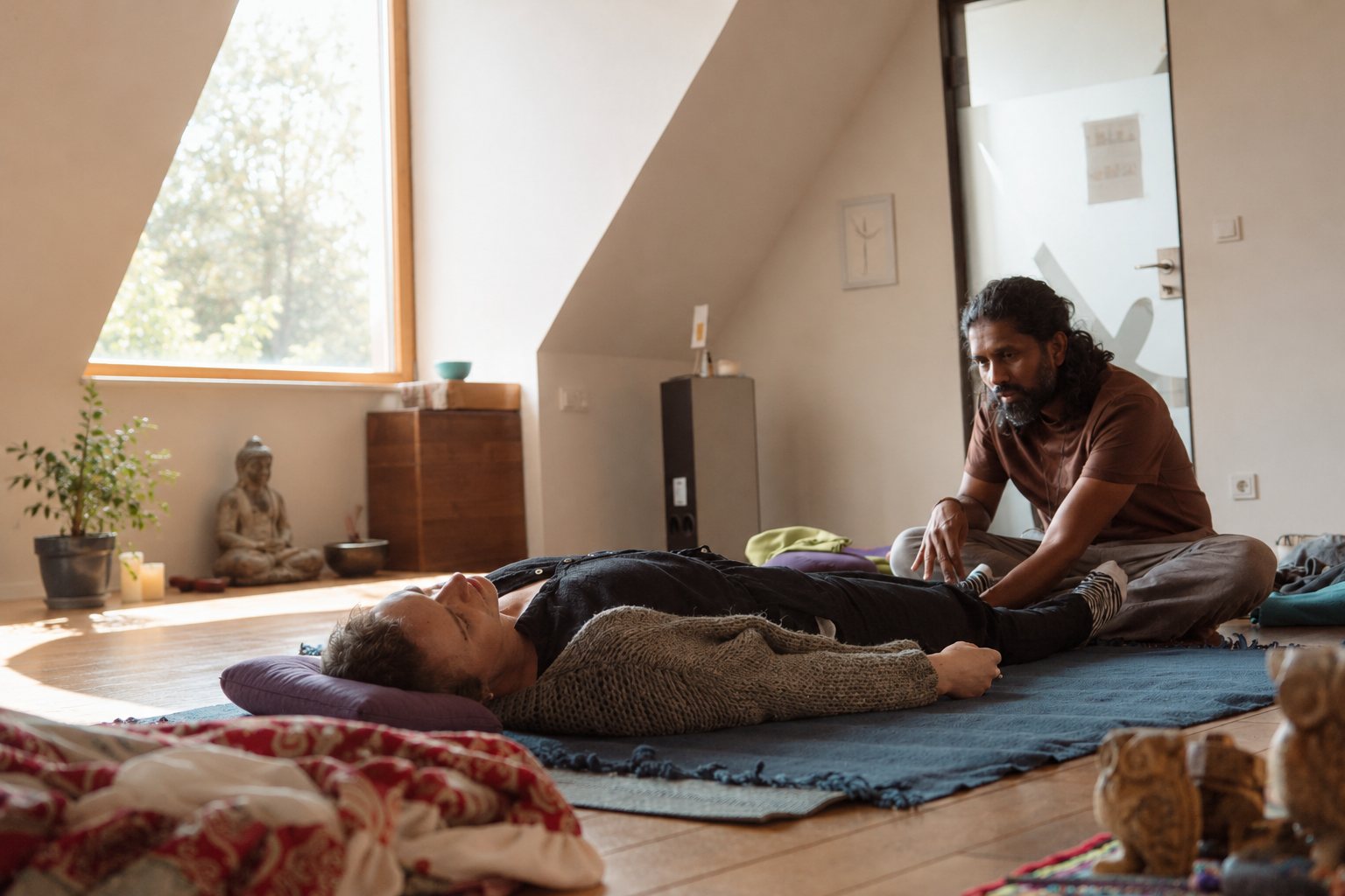 Une personne est allongée sur un tapis, les yeux fermés, tandis qu'un·e facilitateur·rice est assis·e tranquillement à côté dans une pièce ensoleillée