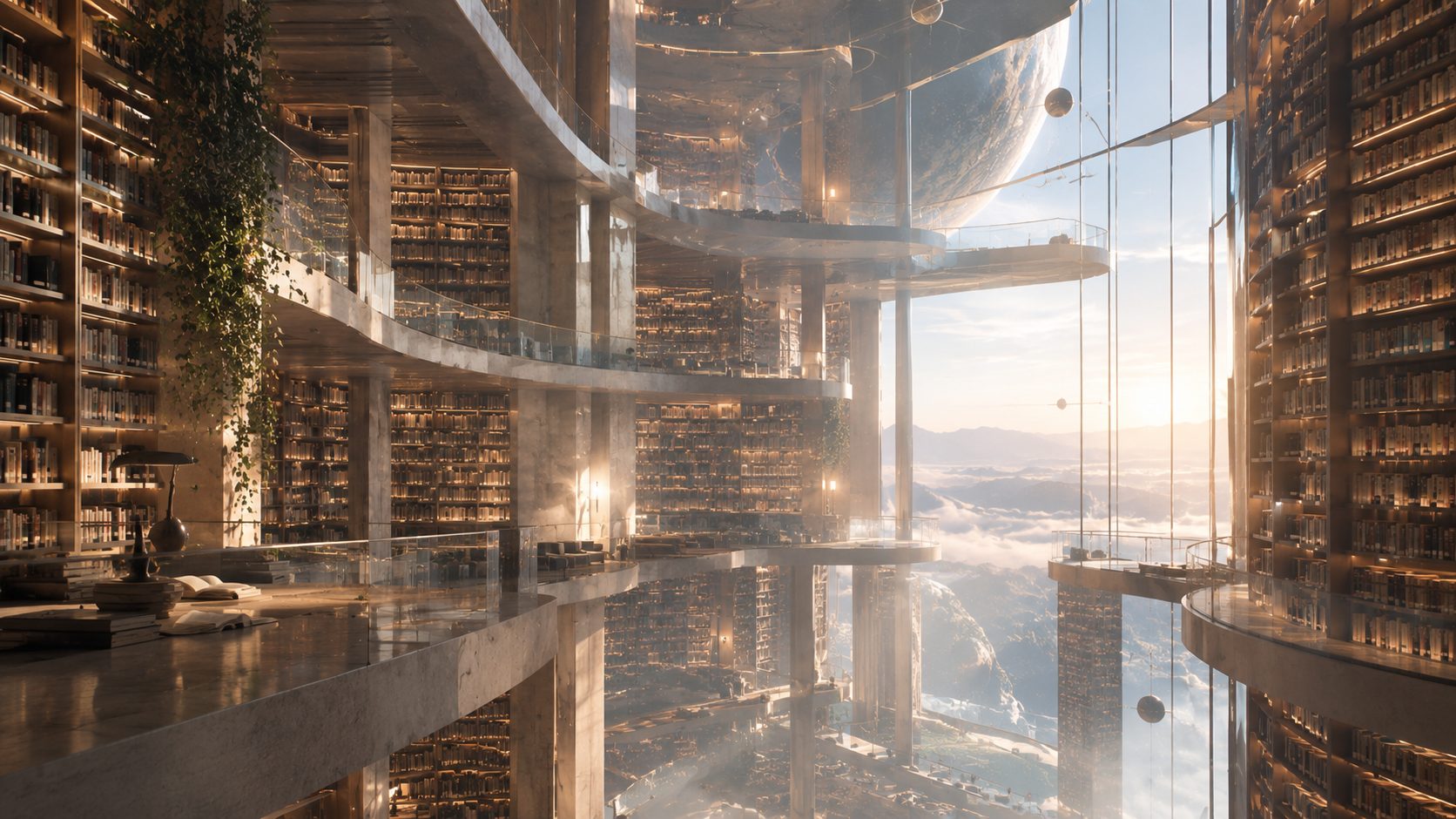 Eine weite, lichtdurchflutete Bibliothek über viele Etagen, die sich zu Wolken und einem Planeten öffnet
