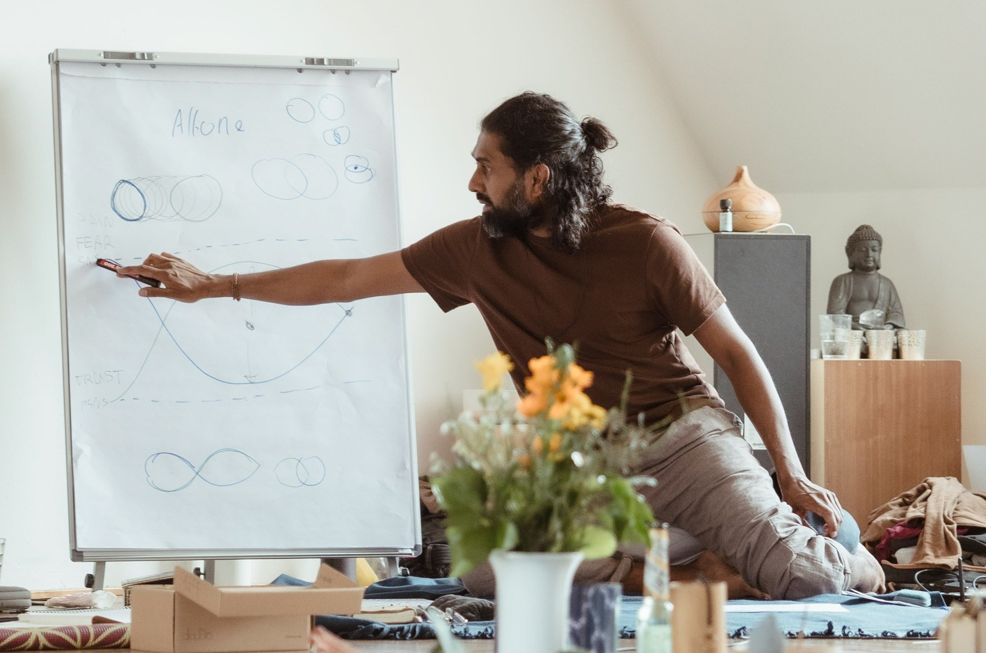 Eine Facilitatorin skizziert Vertrauen und Angst auf einem Flipchart während einer Ausbildung